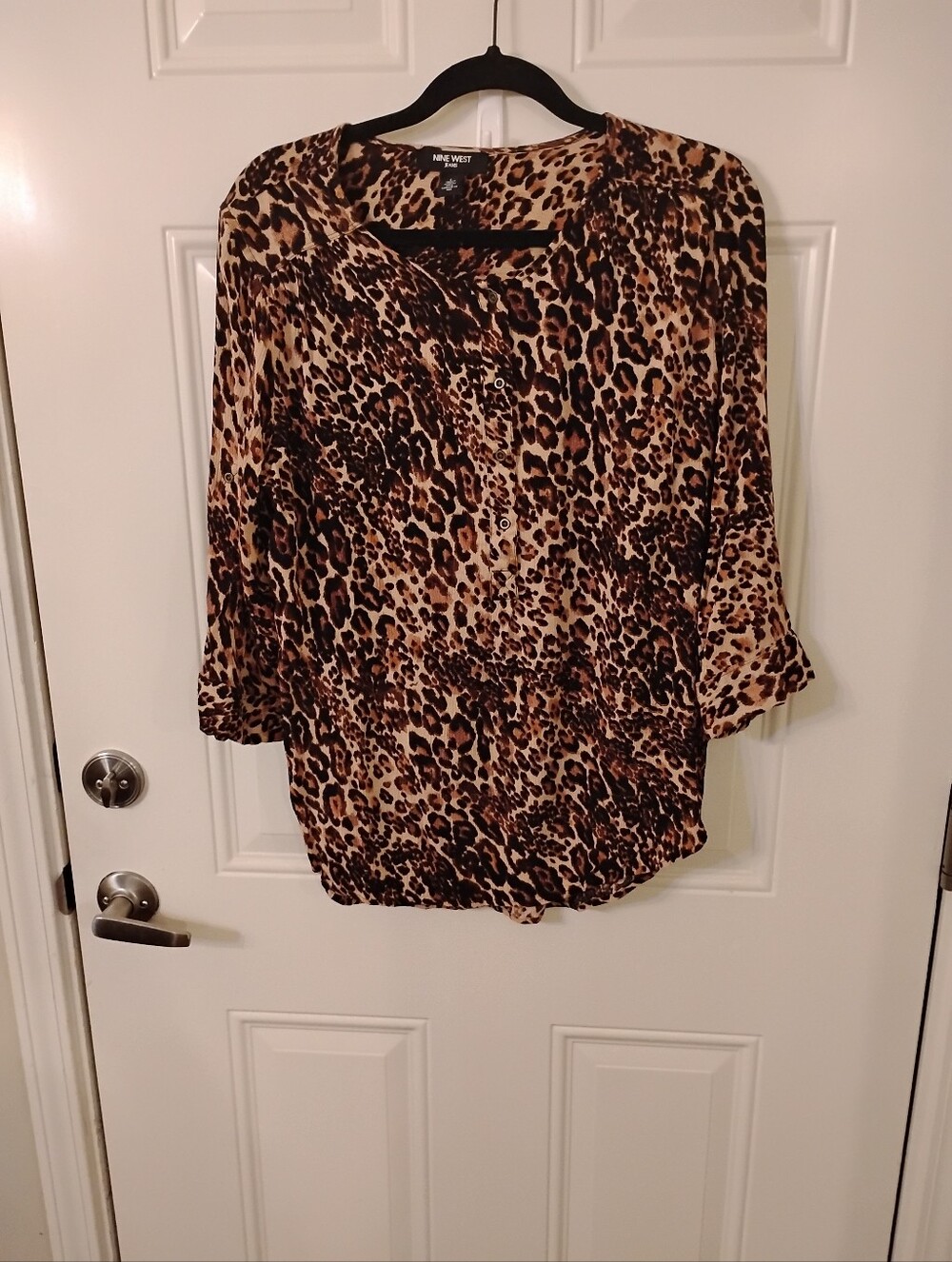 Nine West Brown Leopard Print Button-Front Blouse